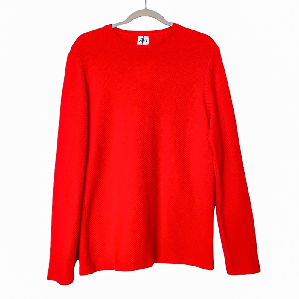 NWT Zara Orange/Red Ribbed Knit Long Sleeve Shirt Size Medium